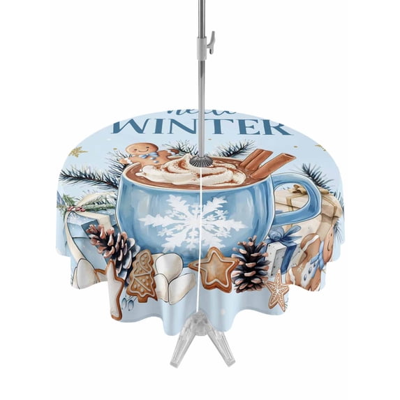 Outdoor Tablecloth with Umbrella Hole and Zipper, Blue Christmas Round Table Cloth 60 Inch Waterproof Tablecloth, Coffee Xmas Botanical Pine Cones Picnic Table Cover for Patio Camping
