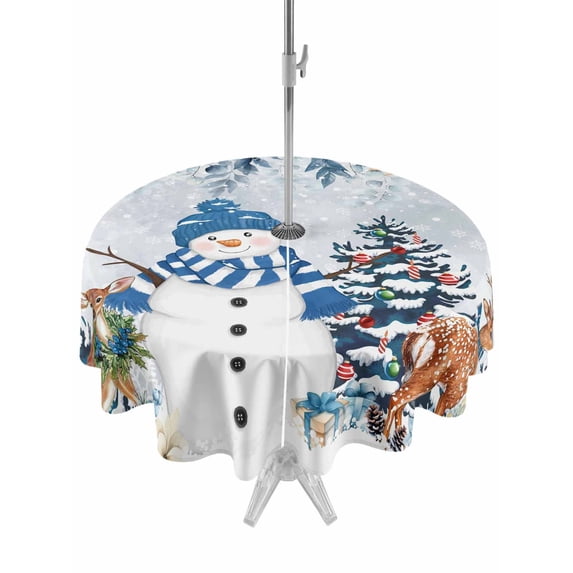 Outdoor Tablecloth with Umbrella Hole and Zipper, Blue Christmas Round Table Cloth 60 Inch Waterproof Tablecloth, Snowman Elk Eucalyptus Xmas Tree Poinsettia Picnic Table Cover for Patio Camping