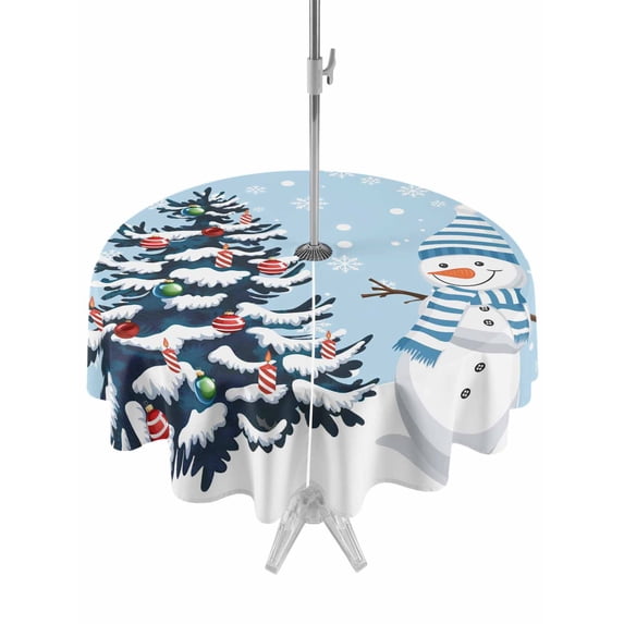 Outdoor Tablecloth with Umbrella Hole and Zipper, Blue Christmas Round Table Cloth 60 Inch Waterproof Tablecloth, Snowman Pine Tree Ball Winter Snow Scene Picnic Table Cover for Patio Camping