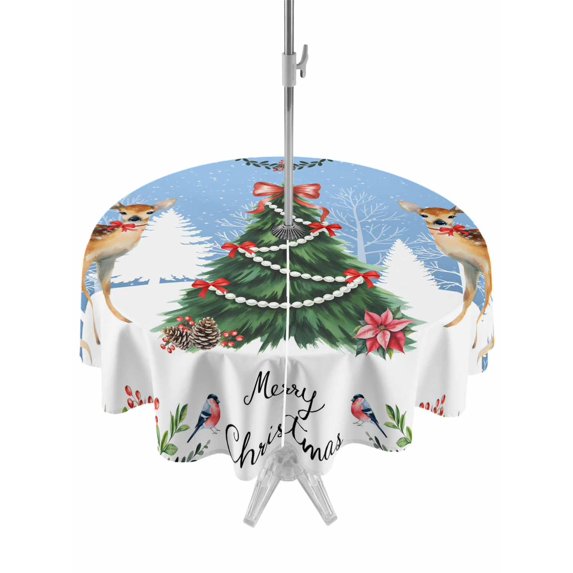 Outdoor Tablecloth with Umbrella Hole and Zipper, Blue Christmas Round Table Cloth 60 Inch Waterproof Tablecloth, Xmas Tree Deer Poinsettia Bird Winter Snow Picnic Table Cover for Patio Camping
