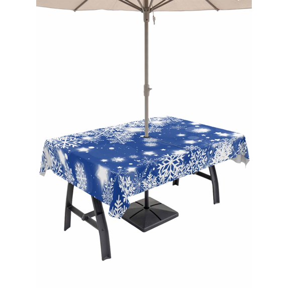 Outdoor Tablecloth with Umbrella Hole and Zipper, Blue Christmas Snowflakes Rectangle Table Cloth 60x120 Inch Waterproof Tablecloth, Xmas Winter Textured Picnic Table Cover for Patio Camping