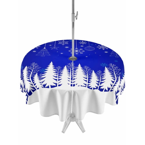 Outdoor Tablecloth with Umbrella Hole and Zipper, Blue Christmas Snowflakes Round Table Cloth 60 Inch Waterproof Tablecloth, Xmas Balls Winter Pine Tree Picnic Table Cover for Patio Camping