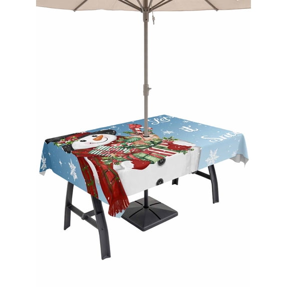 Outdoor Tablecloth with Umbrella Hole and Zipper, Blue Christmas Snowman Rectangle Table Cloth 52x70 Inch Waterproof Tablecloth, Xmas Botanical Birds Snowflake Picnic Table Cover for Patio Camping