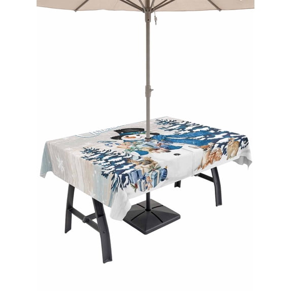 Outdoor Tablecloth with Umbrella Hole and Zipper, Blue Christmas Snowman Rectangle Table Cloth 54x80 Inch Waterproof Tablecloth, Xmas Tree Elk Gifts Snowflake Vintage Picnic Table Cover for Patio