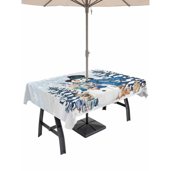 Outdoor Tablecloth with Umbrella Hole and Zipper, Blue Christmas Snowman Rectangle Table Cloth 60x84 Inch Waterproof Tablecloth, Xmas Tree Elk Gifts Snowflake Ombre Picnic Table Cover for Patio