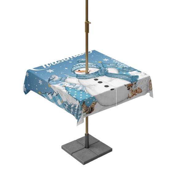 Outdoor Tablecloth with Umbrella Hole and Zipper, Blue Christmas Square Table Cloth 54x54 Inch Waterproof Tablecloth, Snowman Xmas Tree Snowflake Elk Winter Picnic Table Cover for Patio Camping