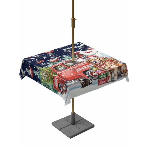 Outdoor Tablecloth with Umbrella Hole and Zipper, Blue Christmas Square Table Cloth 54x54 Inch Waterproof Tablecloth, Xmas Winter Snowflakes Red Truck Dogs Picnic Table Cover for Patio Camping