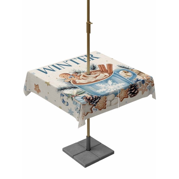Outdoor Tablecloth with Umbrella Hole and Zipper, Blue Christmas Square Table Cloth 60x60 Inch Waterproof Tablecloth, Coffee Xmas Botanical Pine Cones Vintage Picnic Table Cover for Patio Camping