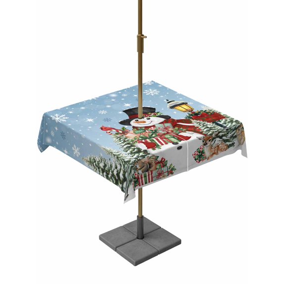 Outdoor Tablecloth with Umbrella Hole and Zipper, Blue Christmas Square Table Cloth 60x60 Inch Waterproof Tablecloth, Snowman Xmas Snowflake Botanical Tree Picnic Table Cover for Patio Camping