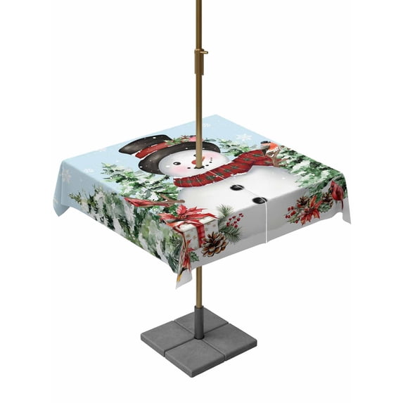 Outdoor Tablecloth with Umbrella Hole and Zipper, Blue Christmas Square Table Cloth 60x60 Inch Waterproof Tablecloth, Xmas Trees Snowman Snowflake Birds Watercolor Picnic Table Cover for Patio