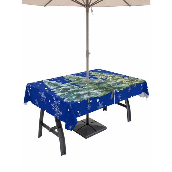Outdoor Tablecloth with Umbrella Hole and Zipper, Blue Christmas Tree Rectangle Table Cloth 60x120 Inch Waterproof Tablecloth, Xmas Trees Snowflake Winter Picnic Table Cover for Patio Camping