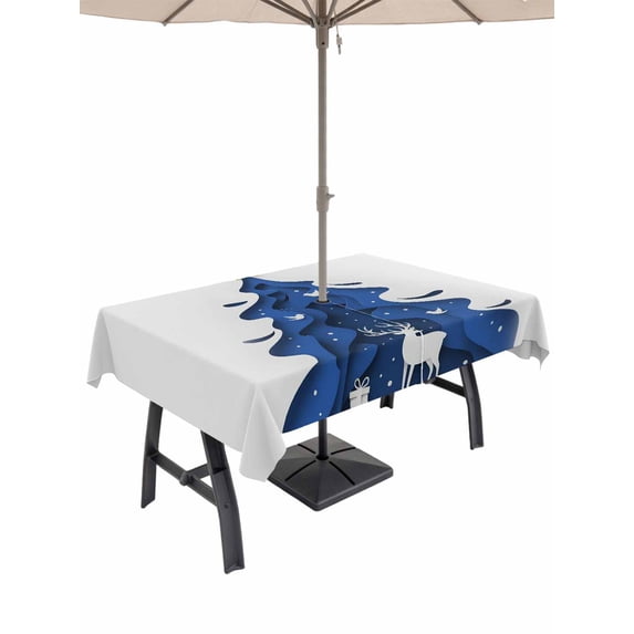 Outdoor Tablecloth with Umbrella Hole and Zipper, Blue Christmas Tree Rectangle Table Cloth 60x84 Inch Waterproof Tablecloth, Xmas Reindeer Modern Abstract Art Picnic Table Cover for Patio Camping