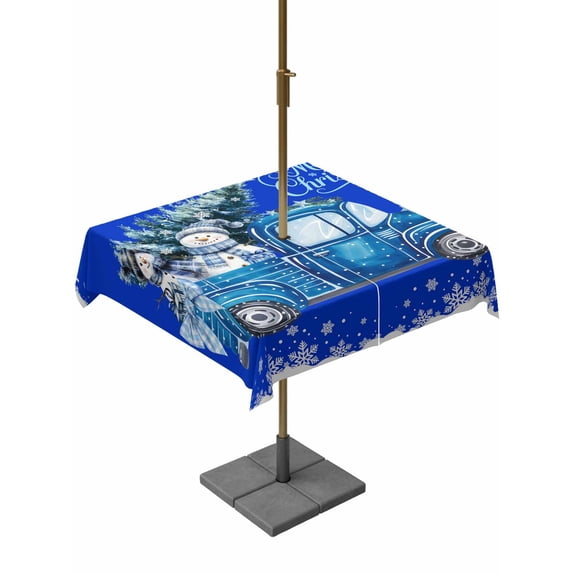 Outdoor Tablecloth with Umbrella Hole and Zipper, Blue Christmas Truck Square Table Cloth 60x60 Inch Waterproof Tablecloth, Xmas Tree Snowman Snowflake Picnic Table Cover for Patio Camping