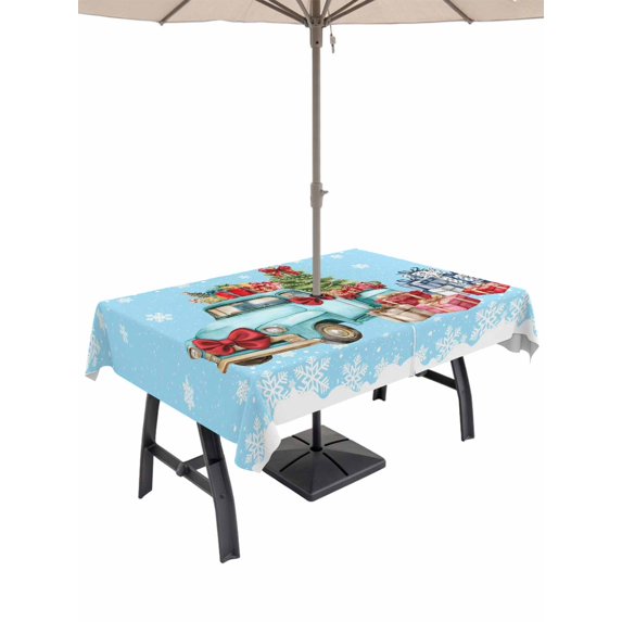 Outdoor Tablecloth with Umbrella Hole and Zipper, Blue Christmas Trucks Rectangle Table Cloth 60x102 Inch Waterproof Tablecloth, Xmas Tree Winter Gifts Snowflake Picnic Table Cover for Patio Camping