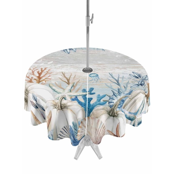 Outdoor Tablecloth with Umbrella Hole and Zipper, Blue Coastal Fall Round Table Cloth 60 Inch Waterproof Tablecloth, Thanksgiving Pumpkins Starfish Coral Picnic Table Cover for Patio Camping