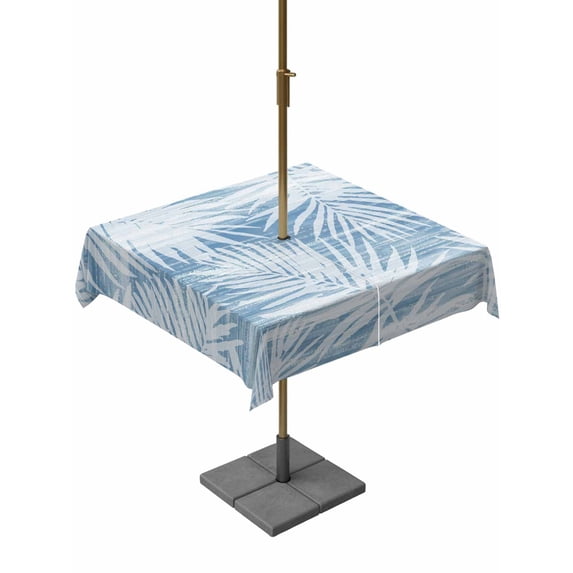 Outdoor Tablecloth with Umbrella Hole & Zipper, Blue Coastal Palm Leaves Square Tablecloth 54x54 Inch, Summer Botanical Tropical Patio Table Cover Waterproof Table Cloth for Picnic/Party