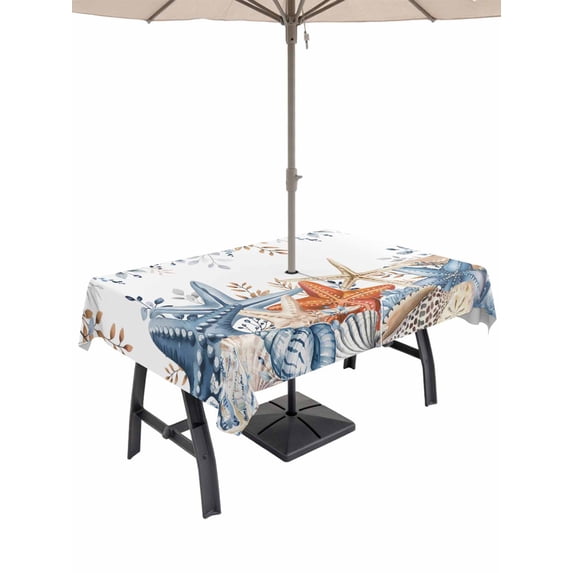 Outdoor Tablecloth with Umbrella Hole and Zipper, Blue Coastal Rectangle Table Cloth 60x120 Inch Waterproof Tablecloth, Summer Beach Starfish Weeping Eucalyptus Picnic Table Cover for Patio Camping