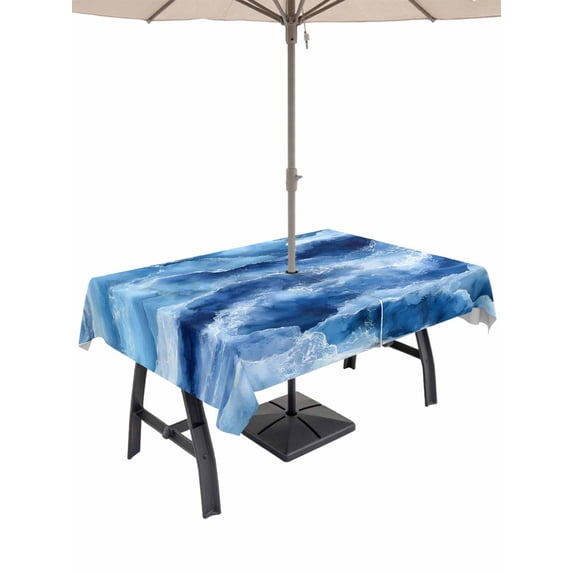 Outdoor Tablecloth with Umbrella Hole & Zipper, Blue Coastal Rectangle Tablecloth 54x80 Inch, Modern Abstract Beach Waves Ocean Patio Table Cover Waterproof Table Cloth for Picnic/Party