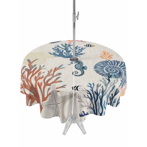 Outdoor Tablecloth with Umbrella Hole and Zipper, Blue Coastal Round Table Cloth 60 Inch Waterproof Tablecloth, Summer Beach Coral Shell Starfish Vintage Picnic Table Cover for Patio Camping