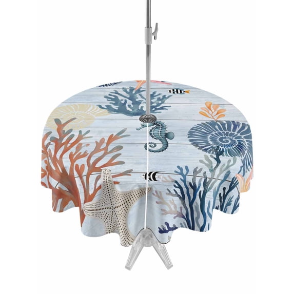 Outdoor Tablecloth with Umbrella Hole Zipper Blue Coastal Round Tablecloth 54" Waterproof Outside Table Cloth Coral Shell Starfish Seahorse Summer Beach Patio Table Cover Tablecloths for Picnic Party