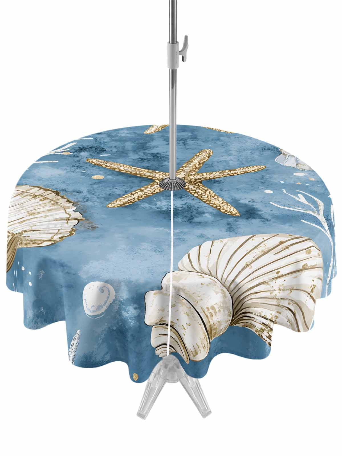 Shell Table Clothes Outdoor Tablecloth with Umbrella Hole Zipper Blue Coastal Round ...