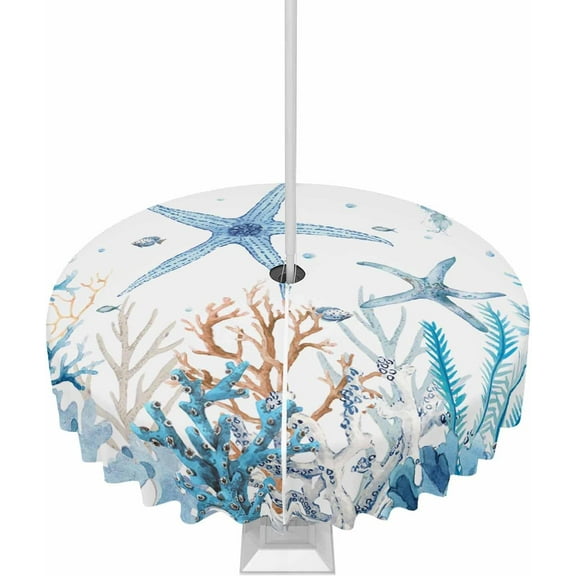 Outdoor Tablecloth with Umbrella Hole & Zipper, Blue Coastal Round Tablecloth 60 Inch, Sea Nautical Starfish Ocean Beach Seaside Patio Table Cover Waterproof Table Cloth for Picnic/Party