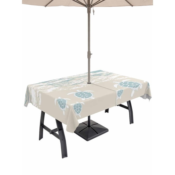 Outdoor Tablecloth with Umbrella Hole and Zipper, Blue Coastal Sea Turtle Rectangle Table Cloth 60x120 Inch Waterproof Tablecloth, Summer Beach Ocean Abstract Art Picnic Table Cover for Patio Camping