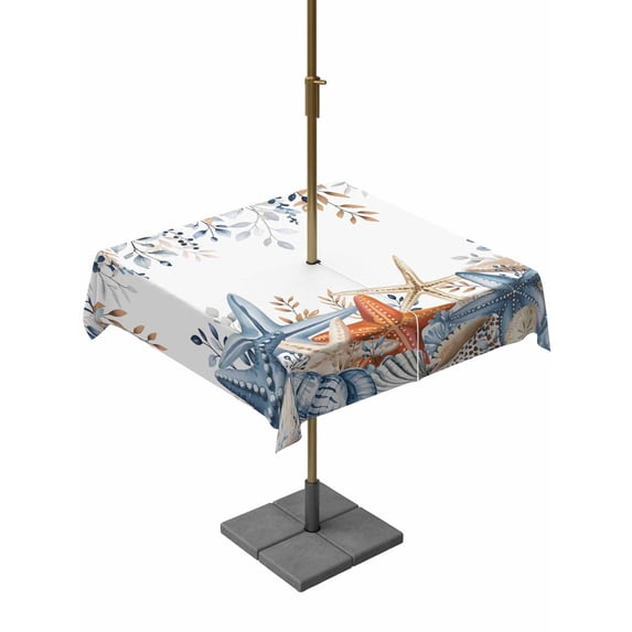 Outdoor Tablecloth with Umbrella Hole & Zipper, Blue Coastal Square Tablecloth 60x60 Inch, Summer Beach Starfish Weeping Eucalyptus Patio Table Cover Waterproof Table Cloth for Picnic/Party