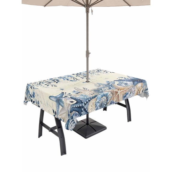 Outdoor Tablecloth with Umbrella Hole and Zipper, Blue Coastal Starfish Rectangle Table Cloth 52x70 Inch Waterproof Tablecloth, Beach Nautical Shell Eucalyptus Retro Picnic Table Cover for Patio