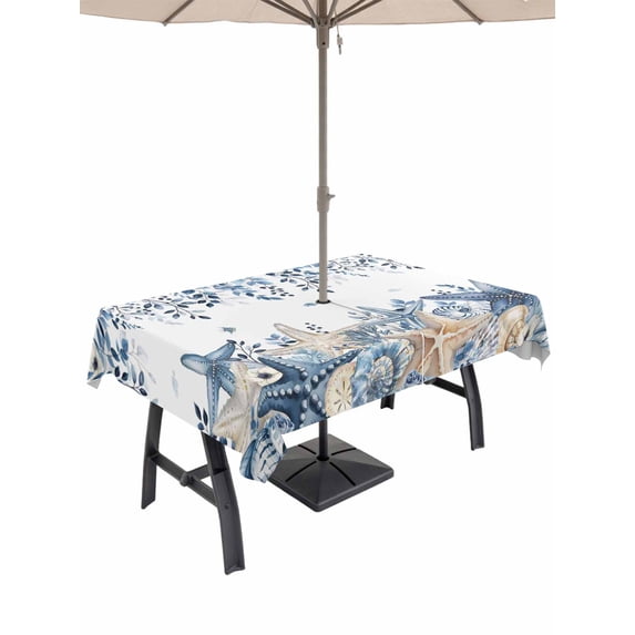 Outdoor Tablecloth with Umbrella Hole and Zipper, Blue Coastal Starfish Rectangle Table Cloth 54x80 Inch Waterproof Tablecloth, Beach Nautical Shell Eucalyptus Summer Picnic Table Cover for Patio