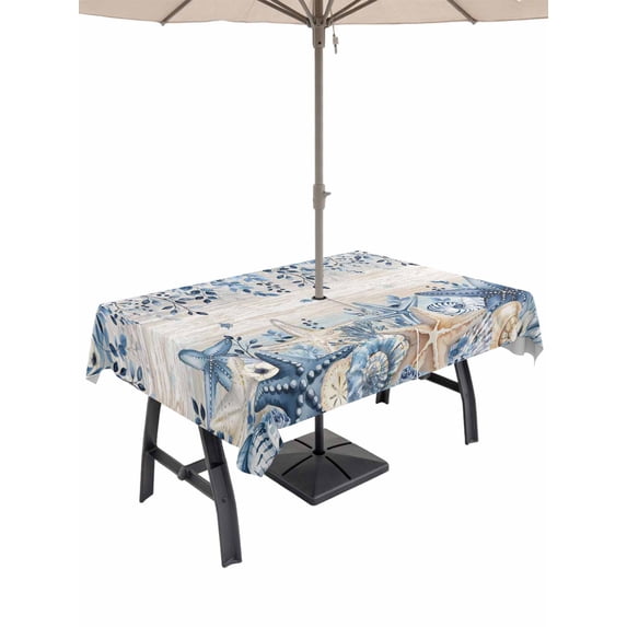 Outdoor Tablecloth with Umbrella Hole and Zipper, Blue Coastal Starfish Rectangle Table Cloth 60x120 Inch Waterproof Tablecloth, Beach Nautical Shell Eucalyptus Vintage Picnic Table Cover for Patio