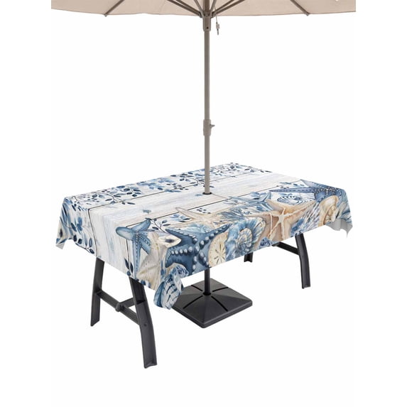 Outdoor Tablecloth with Umbrella Hole & Zipper, Blue Coastal Starfish Rectangle Tablecloth 54x80 Inch, Beach Nautical Shell Eucalyptus Wooden Patio Table Cover Waterproof Table Cloth for Picnic/Party