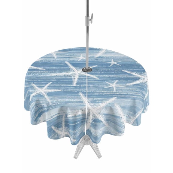 Outdoor Tablecloth with Umbrella Hole & Zipper, Blue Coastal Starfish Round Tablecloth 54 Inch, Nautical Summer Beach Ocean Patio Table Cover Waterproof Table Cloth for Picnic/Party