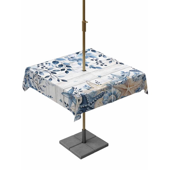 Outdoor Tablecloth with Umbrella Hole and Zipper, Blue Coastal Starfish Square Table Cloth 54x54 Inch Waterproof Tablecloth, Beach Nautical Shell Eucalyptus Wooden Picnic Table Cover for Patio
