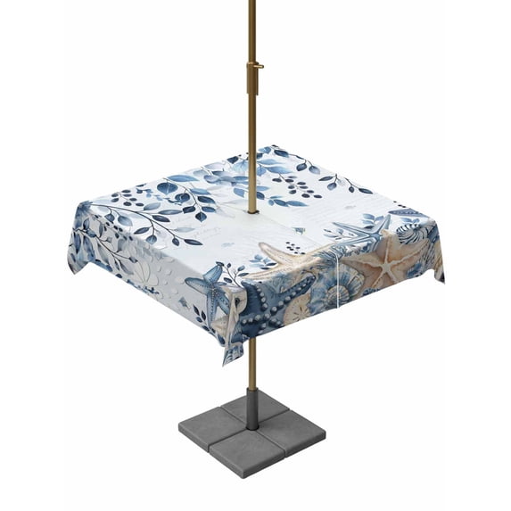 Outdoor Tablecloth with Umbrella Hole & Zipper, Blue Coastal Starfish Square Tablecloth 60x60 Inch, Beach Nautical Shell Eucalyptus Ocean Patio Table Cover Waterproof Table Cloth for Picnic/Party