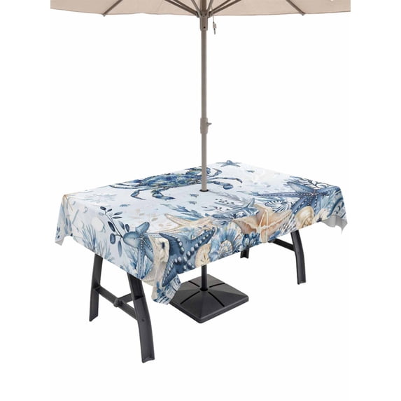 Outdoor Tablecloth with Umbrella Hole & Zipper, Blue Crab Coastal Rectangle Tablecloth 52x70 Inch, Beach Starfish Nautical Coral Botanical Patio Table Cover Waterproof Table Cloth for Picnic/Party