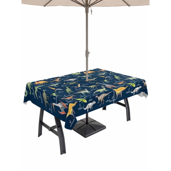 Outdoor Tablecloth with Umbrella Hole and Zipper, Blue Dinosaur Rectangle Table Cloth 52x70 Inch Waterproof Tablecloth, Vintage Letters Farm Animals Picnic Table Cover for Patio Camping