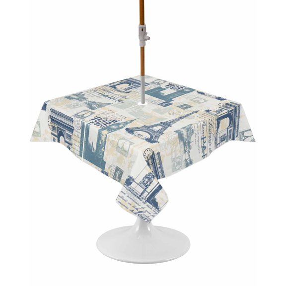 Outdoor Tablecloth with Umbrella Hole and Zipper Blue Eiffel Tower Square Tablecloths 54x54 Inch Waterproof Table Cloths France Paris Travel Landscape Patio Table Cover for Picnic BBQS Party