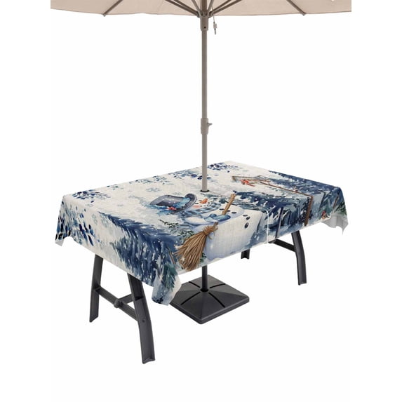 Outdoor Tablecloth with Umbrella Hole and Zipper, Blue Eucalyptus Christmas Rectangle Table Cloth 60x120 Inch Waterproof Tablecloth, Snowman Snowflake Xmas Tree Rustic Picnic Table Cover for Patio