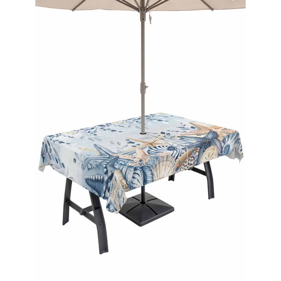 Outdoor Tablecloth with Umbrella Hole & Zipper, Blue Eucalyptus Coastal Rectangle Tablecloth 60x84 Inch, Beach Starfish Shell Nautical Ombre Patio Table Cover Waterproof Table Cloth for Picnic/Party