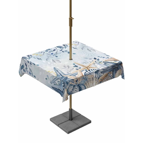 Outdoor Tablecloth with Umbrella Hole and Zipper, Blue Eucalyptus Coastal Square Table Cloth 54x54 Inch Waterproof Tablecloth, Beach Starfish Shell Nautical Ombre Picnic Table Cover for Patio Camping