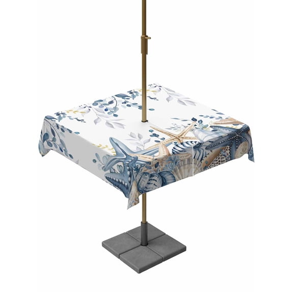 Outdoor Tablecloth with Umbrella Hole & Zipper, Blue Eucalyptus Coastal Square Tablecloth 60x60 Inch, Beach Starfish Shell Nautical Patio Table Cover Waterproof Table Cloth for Picnic/Party