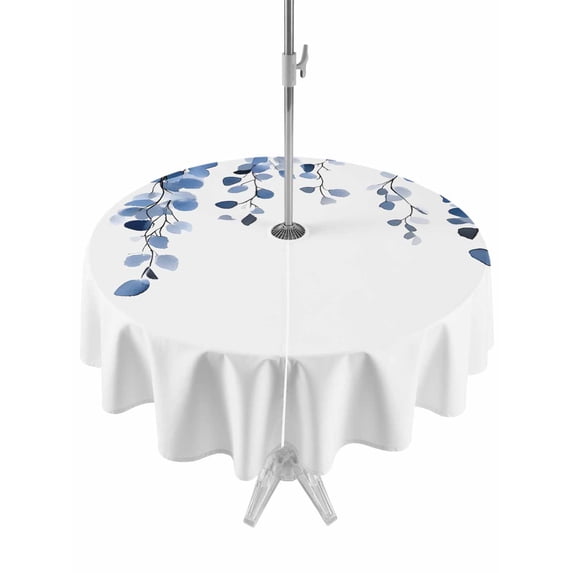Outdoor Tablecloth with Umbrella Hole Zipper Blue Eucalyptus Leaves Round Tablecloth 54" Waterproof Outside Table Cloth Weeping Spring Botanical Summer Patio Table Cover Tablecloths for Picnic Party