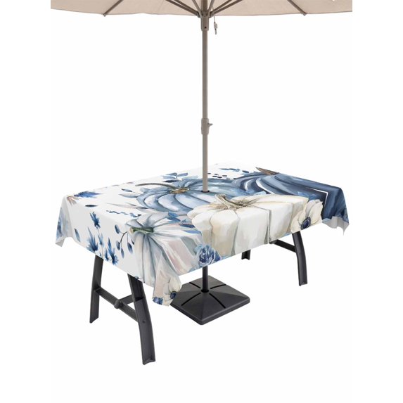 Outdoor Tablecloth with Umbrella Hole and Zipper, Blue Fall Pumpkins Rectangle Table Cloth 54x80 Inch Waterproof Tablecloth, Maple Leaf Tree Thanksgiving Autumn Picnic Table Cover for Patio Camping