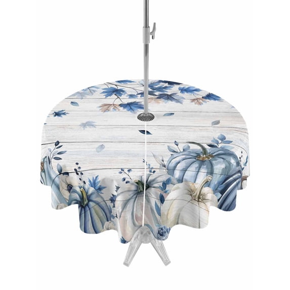 Outdoor Tablecloth with Umbrella Hole and Zipper, Blue Fall Pumpkins Round Table Cloth 60 Inch Waterproof Tablecloth, Thanksgiving Maple Leaf Tree Vintage Picnic Table Cover for Patio Camping