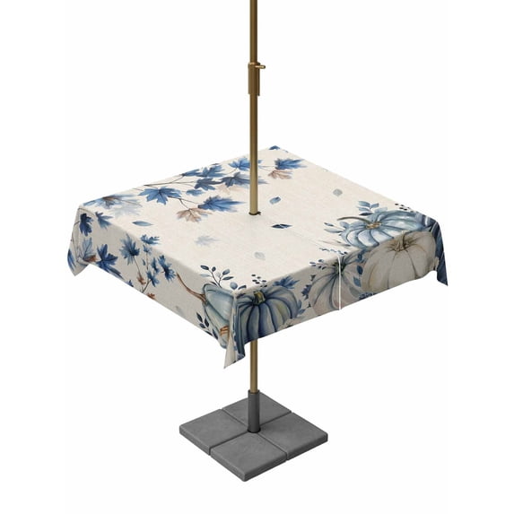 Outdoor Tablecloth with Umbrella Hole and Zipper, Blue Fall Pumpkins Square Table Cloth 54x54 Inch Waterproof Tablecloth, Thanksgiving Maple Leaf Tree Picnic Table Cover for Patio Camping