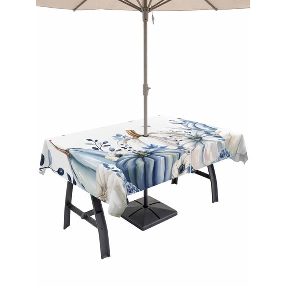 Outdoor Tablecloth with Umbrella Hole and Zipper, Blue Fall Rectangle Table Cloth 54x80 Inch Waterproof Tablecloth, Thanksgiving Pumpkins Weeping Botanical Picnic Table Cover for Patio Camping