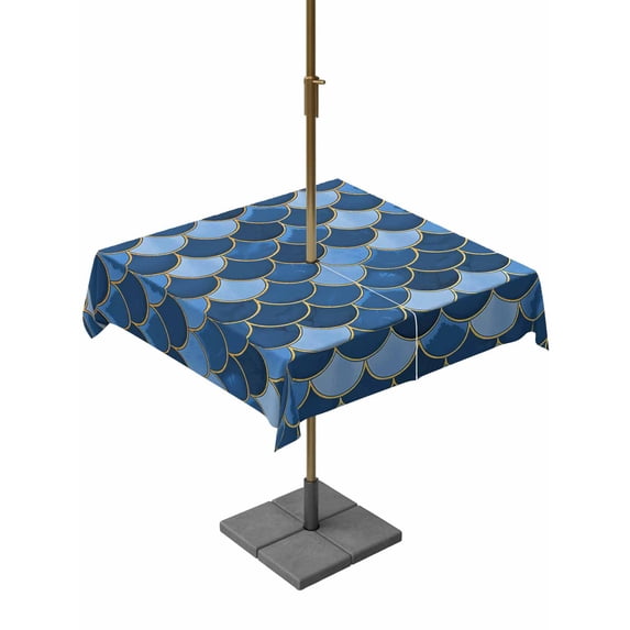 Outdoor Tablecloth with Umbrella Hole and Zipper, Blue Fish Scale Square Table Cloth 54x54 Inch Waterproof Tablecloth, Modern Geometric Ombre Abstract Moroccan Picnic Table Cover for Patio Camping