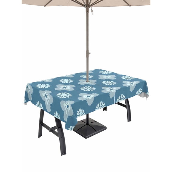 Outdoor Tablecloth with Umbrella Hole and Zipper, Blue Floral Rectangle Table Cloth 60x120 Inch Waterproof Tablecloth, Spring Flowers Modern Abstract Art Farmhouse Picnic Table Cover for Patio