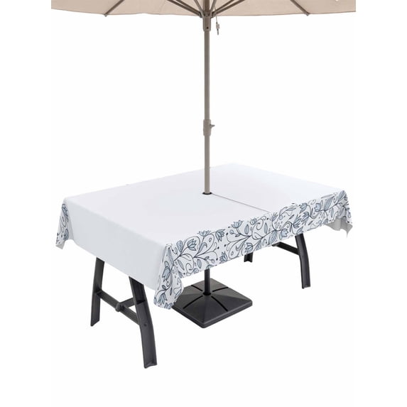 Outdoor Tablecloth with Umbrella Hole and Zipper, Blue Flower Rectangle Table Cloth 60x102 Inch Waterproof Tablecloth, Spring Modern Minimalist Country Floral Plant Picnic Table Cover for Patio
